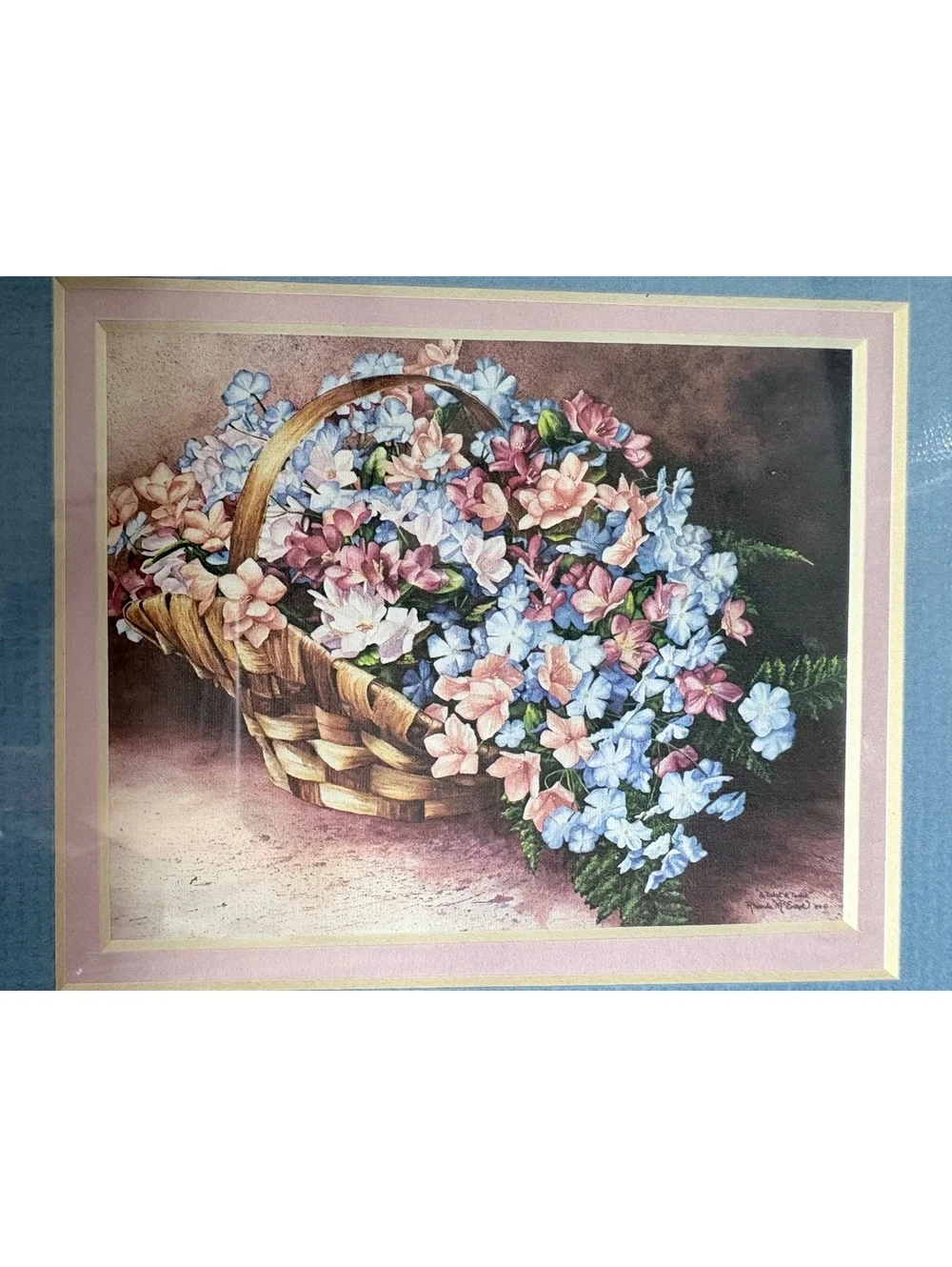 Rhonda McEnroe Flower Basket Watercolor Art Print Framed 10x8 Matted Vintage